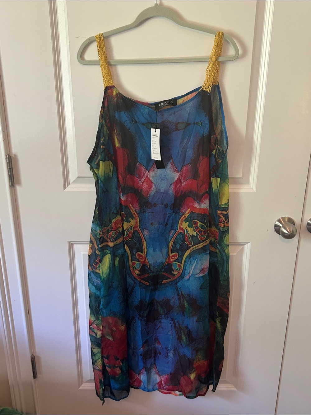 Gracila Blue Multicolor Floral Midi Dress with Gold Crochet Straps